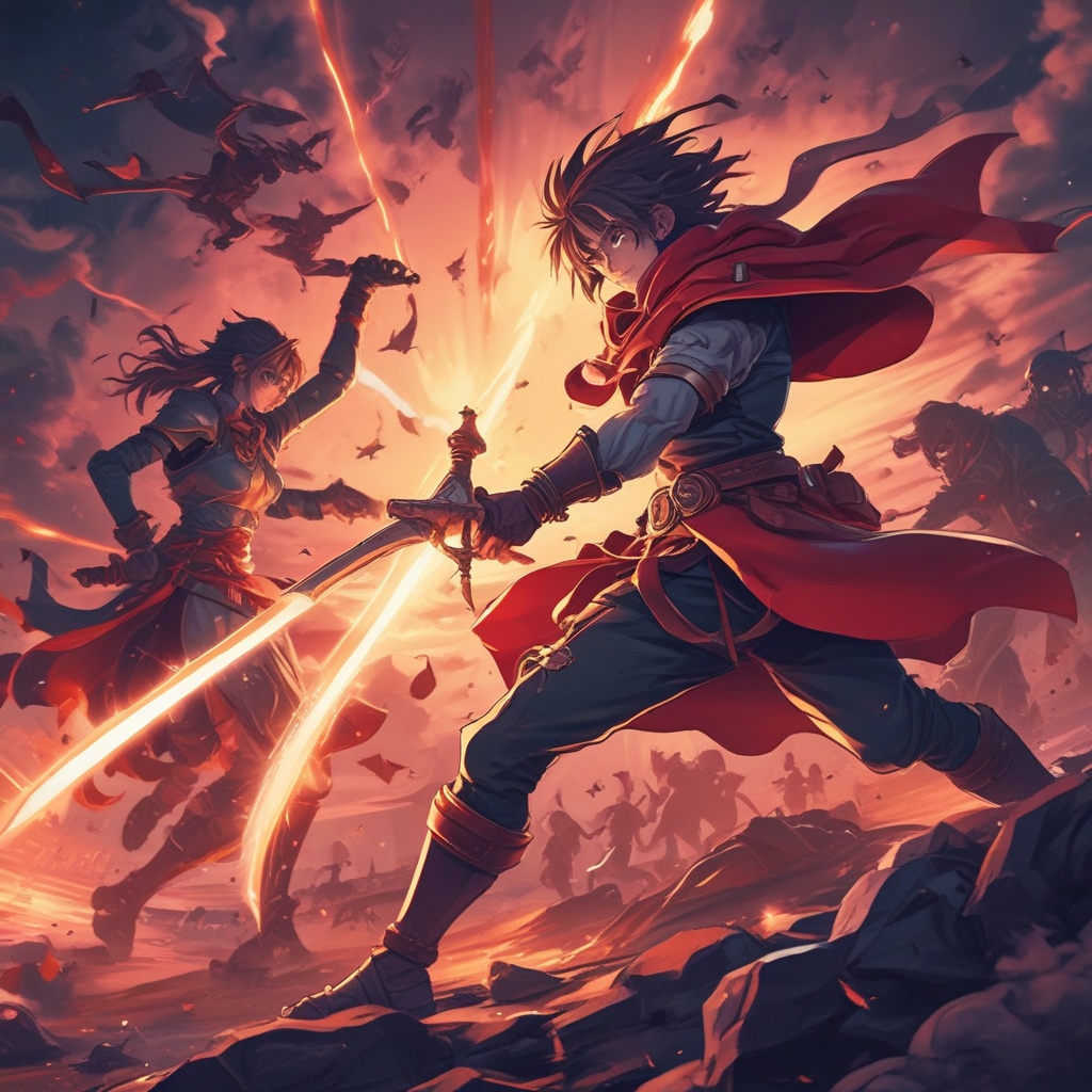 Dynamic anime-style battle scene for request submission